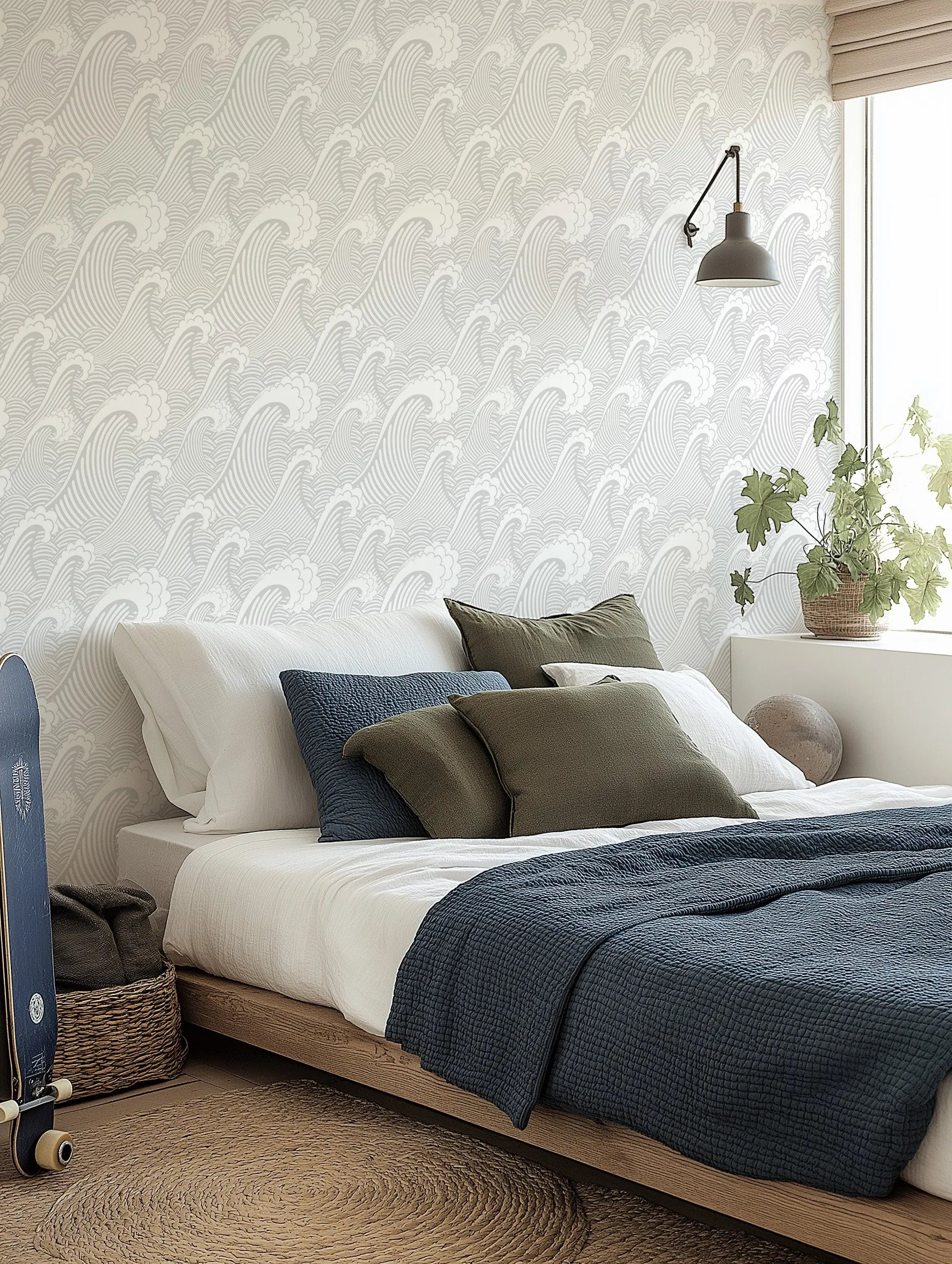 Classic Waves in Mist Wallpaper from Olive et Oriel where you can shop wallpaper and artworks online