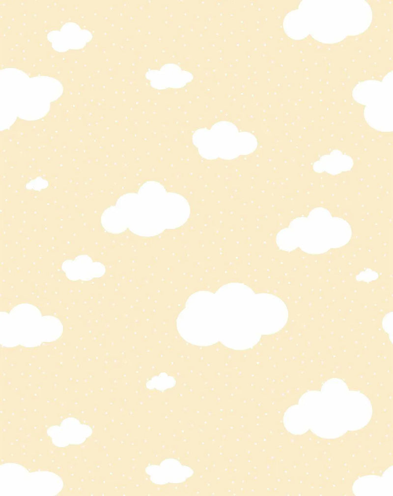 Peel and stick wallpaper featuring a repeating pattern of cartoon-style white clouds of varying sizes on a pale lemon yellow background with a subtle, scattered light pink polka dot texture.