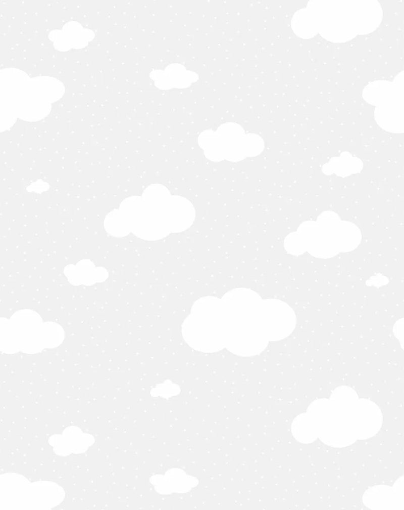 Peel and stick wallpaper featuring a repeating pattern of cartoon-style clouds in bright white against a light grey background with a subtle, scattered white polka dot texture. The clouds vary in size and shape, creating a whimsical and airy design.