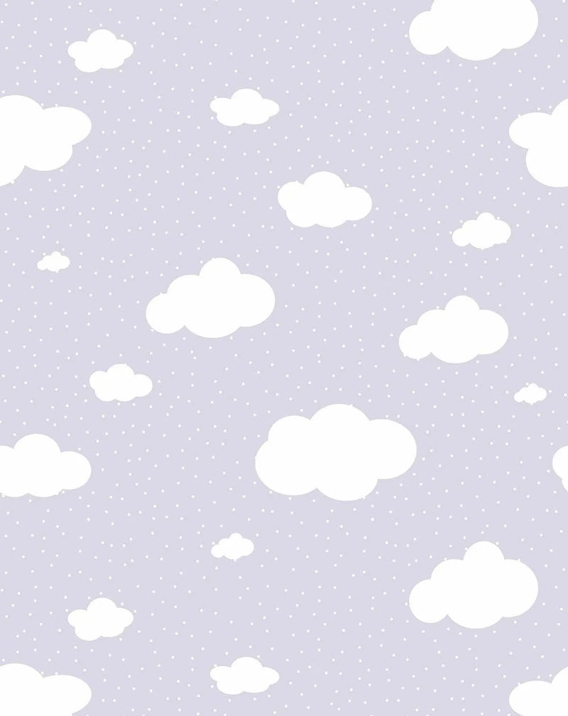 Peel and stick wallpaper featuring a repeating pattern of cartoon-style clouds in bright white against a soft lilac background with scattered white polka dots. The clouds are varied in size and shape, creating a whimsical and dreamy design.