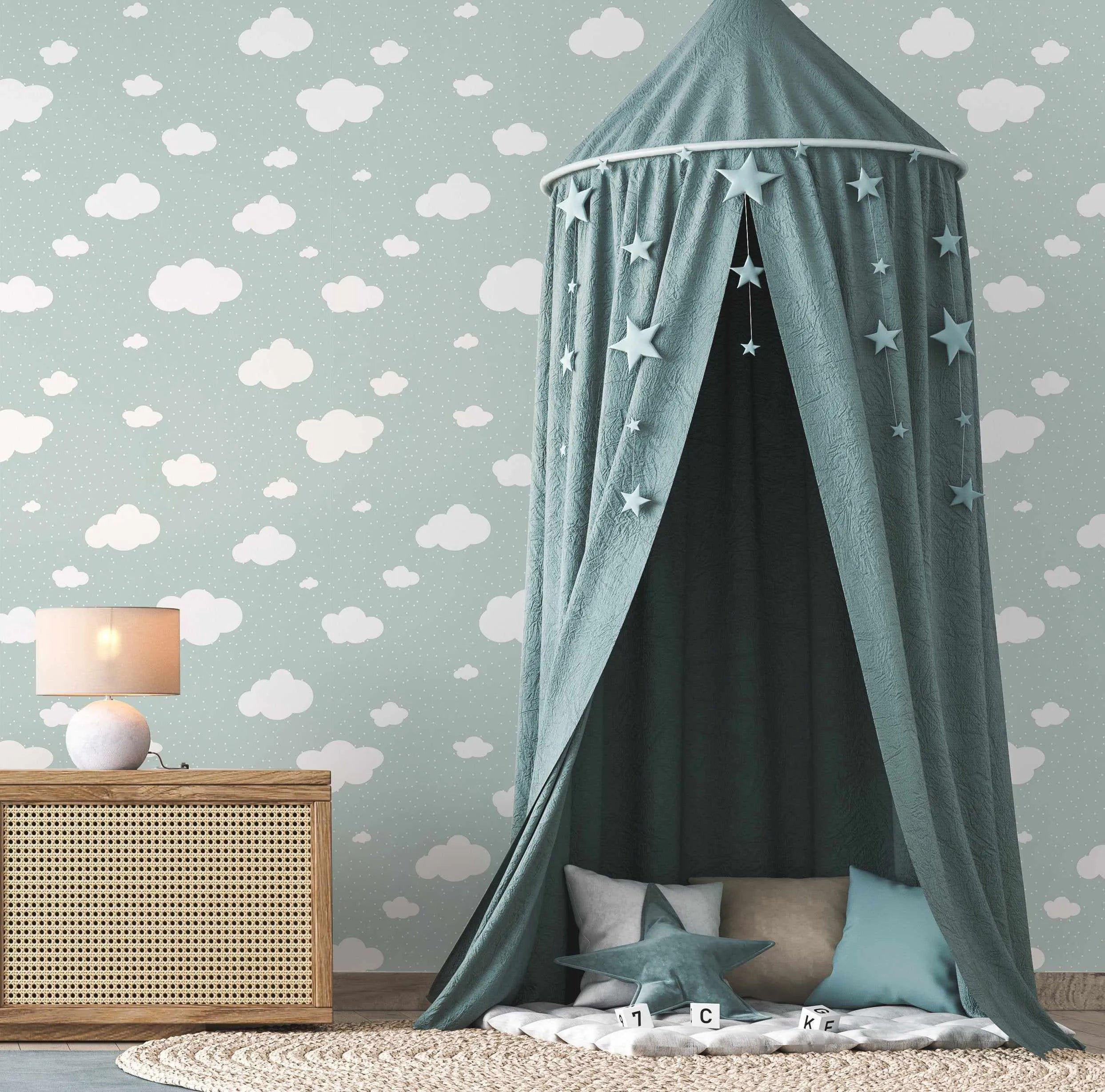 Clouds Wallpaper in Sage-Wallpaper-Buy Kids Removable Wallpaper Online Our Custom Made Children√¢‚Ç¨‚Ñ¢s Wallpapers Are A Fun Way To Decorate And Enhance Boys Bedroom Decor And Girls Bedrooms They Are An Amazing Addition To Your Kids Bedroom Walls Our Collection of Kids Wallpaper Is Sure To Transform Your Kids Rooms Interior Style From Pink Wallpaper To Dinosaur Wallpaper Even Marble Wallpapers For Teen Boys Shop Peel And Stick Wallpaper Online Today With Olive et Oriel