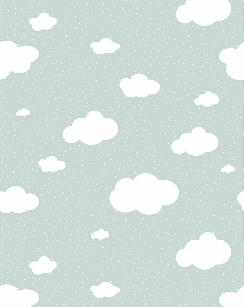 Peel and stick wallpaper featuring a repeating pattern of cartoon-style white clouds of various sizes on a soft sage green background with small white polka dots scattered throughout. The design has a playful, whimsical quality.
