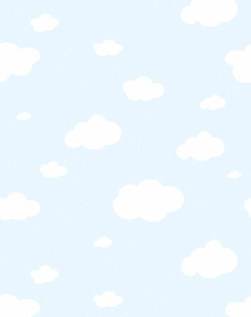 Peel and stick wallpaper featuring a repeating pattern of cartoon-style clouds in bright white on a sky blue background with a subtle light blue polka dot texture. The playful design has a soft, whimsical quality.