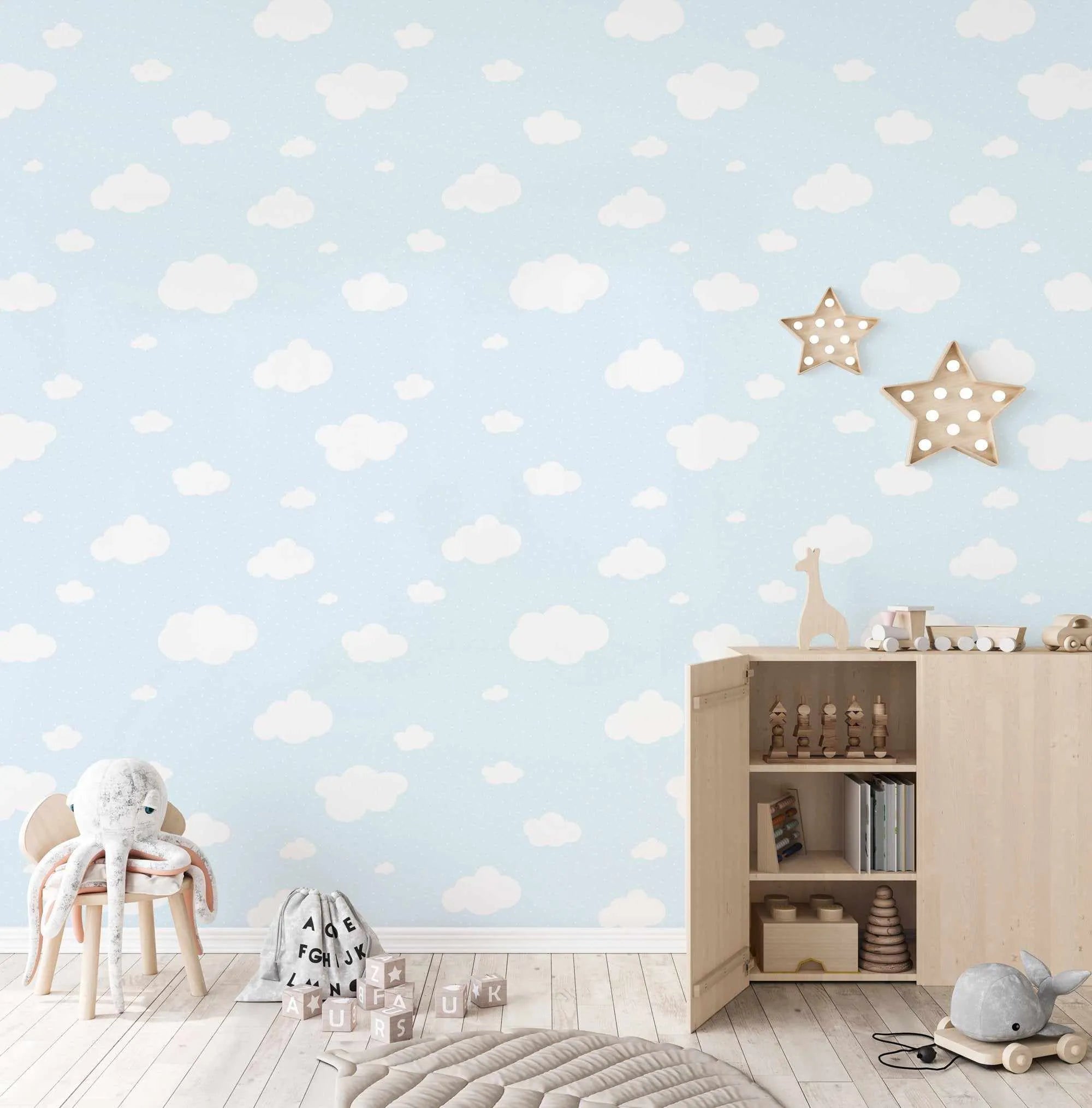 Clouds Wallpaper in Sky Blue-Wallpaper-Buy Kids Removable Wallpaper Online Our Custom Made Children√¢‚Ç¨‚Ñ¢s Wallpapers Are A Fun Way To Decorate And Enhance Boys Bedroom Decor And Girls Bedrooms They Are An Amazing Addition To Your Kids Bedroom Walls Our Collection of Kids Wallpaper Is Sure To Transform Your Kids Rooms Interior Style From Pink Wallpaper To Dinosaur Wallpaper Even Marble Wallpapers For Teen Boys Shop Peel And Stick Wallpaper Online Today With Olive et Oriel