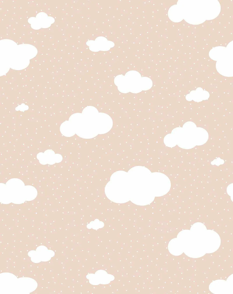 Peel and stick wallpaper featuring a repeating pattern of cartoon-style clouds in bright white against a soft terracotta background with a subtle, scattered polka dot texture in a lighter shade of terracotta. The clouds vary in size and are evenly distributed across the design.