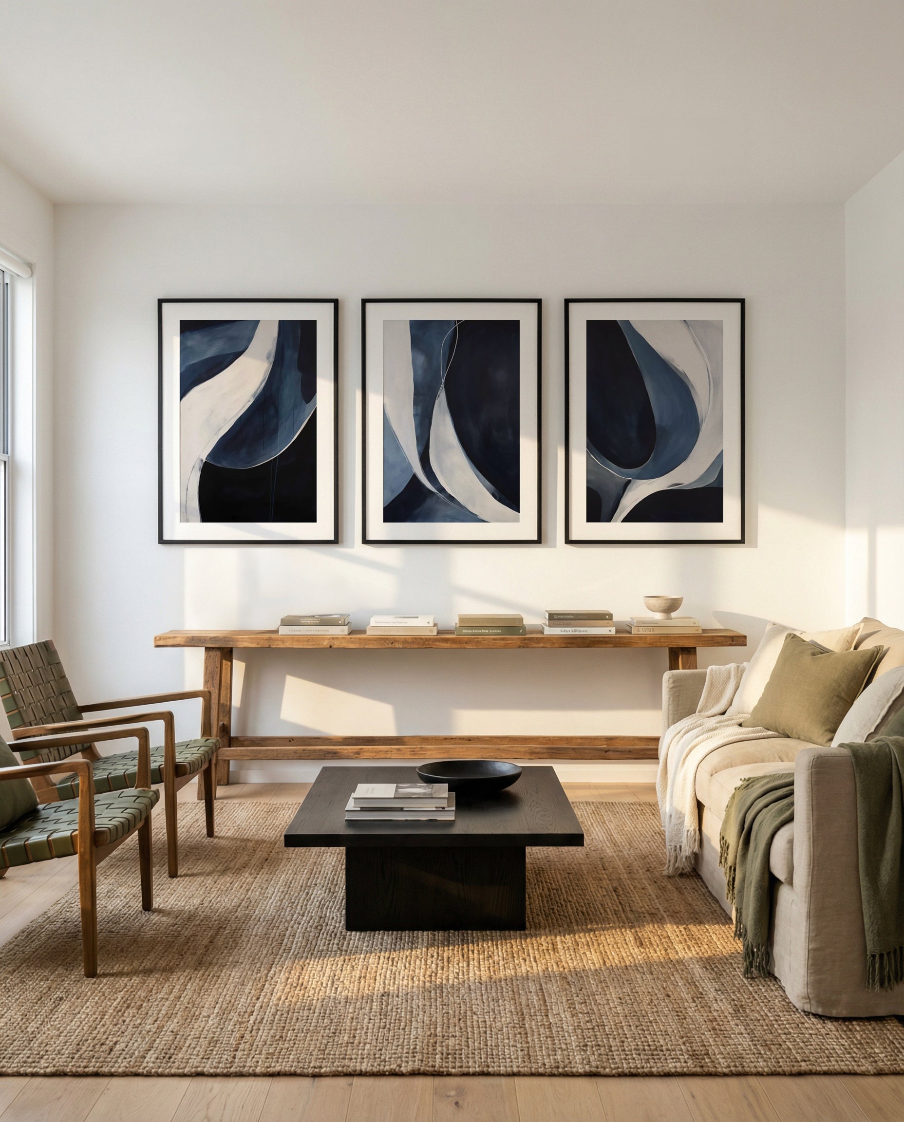 Clovellis I, II & III | 3 Piece Wall Art Set in Blue and White abstract art print oak frame with white border