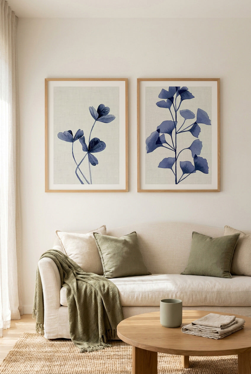 Clover Navy & Gingko Navy Print Set of 2 | Matching Wall Art
