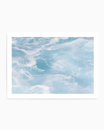 Coastal art print featuring turquoise and aqua ocean waves with white foam and surf, painted in soft watercolour style. The composition captures layered waves in varying shades of teal, cyan, and seafoam blue with translucent white highlights. The artwork is mounted on a white background with a clean white border frame, creating a serene, minimalist coastal aesthetic with a calm, peaceful mood.