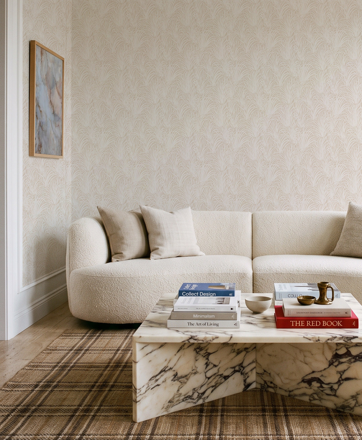 Coastal Luxe Grass in White on Beige Wallpaper