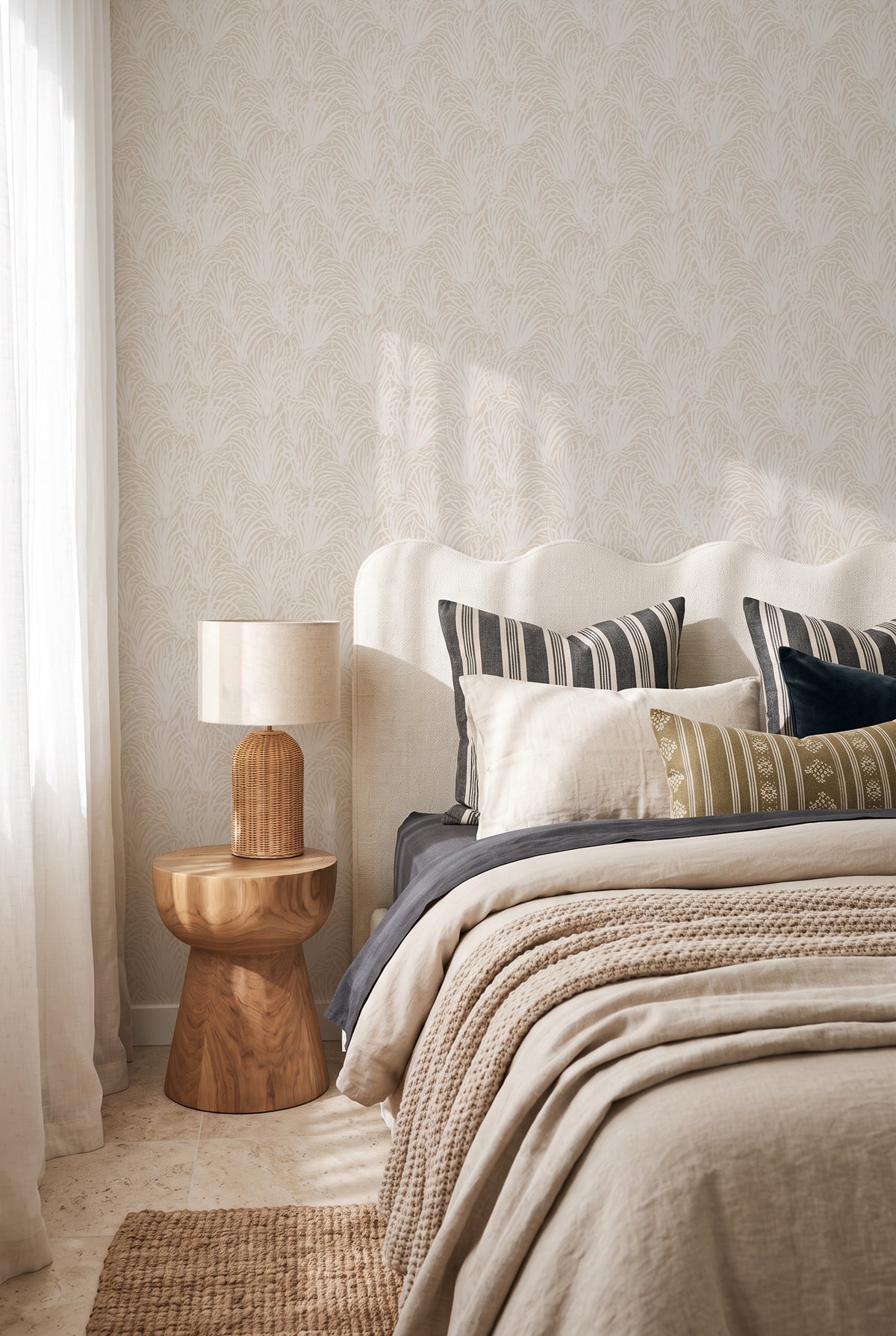 Coastal Luxe Grass in White on Beige Wallpaper