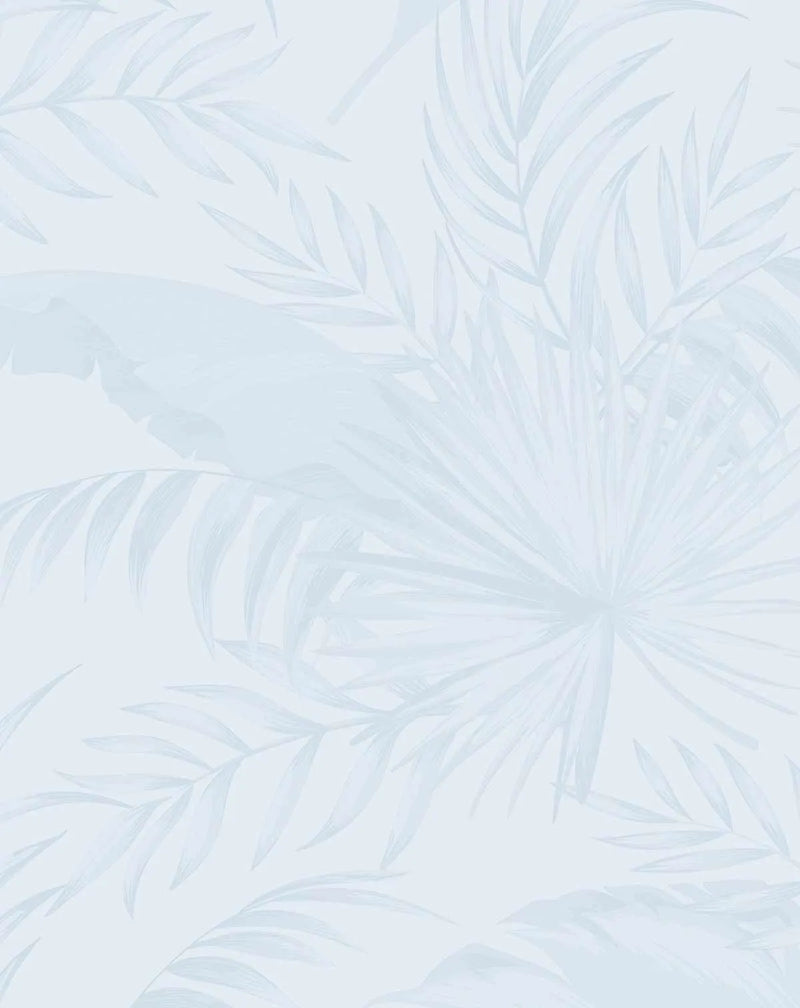 Peel and stick wallpaper featuring a repeating pattern of hand-painted tropical palm leaves in muted duck egg blue on a soft white background. The botanical design has a loose, organic watercolour quality with visible brushstroke texture.