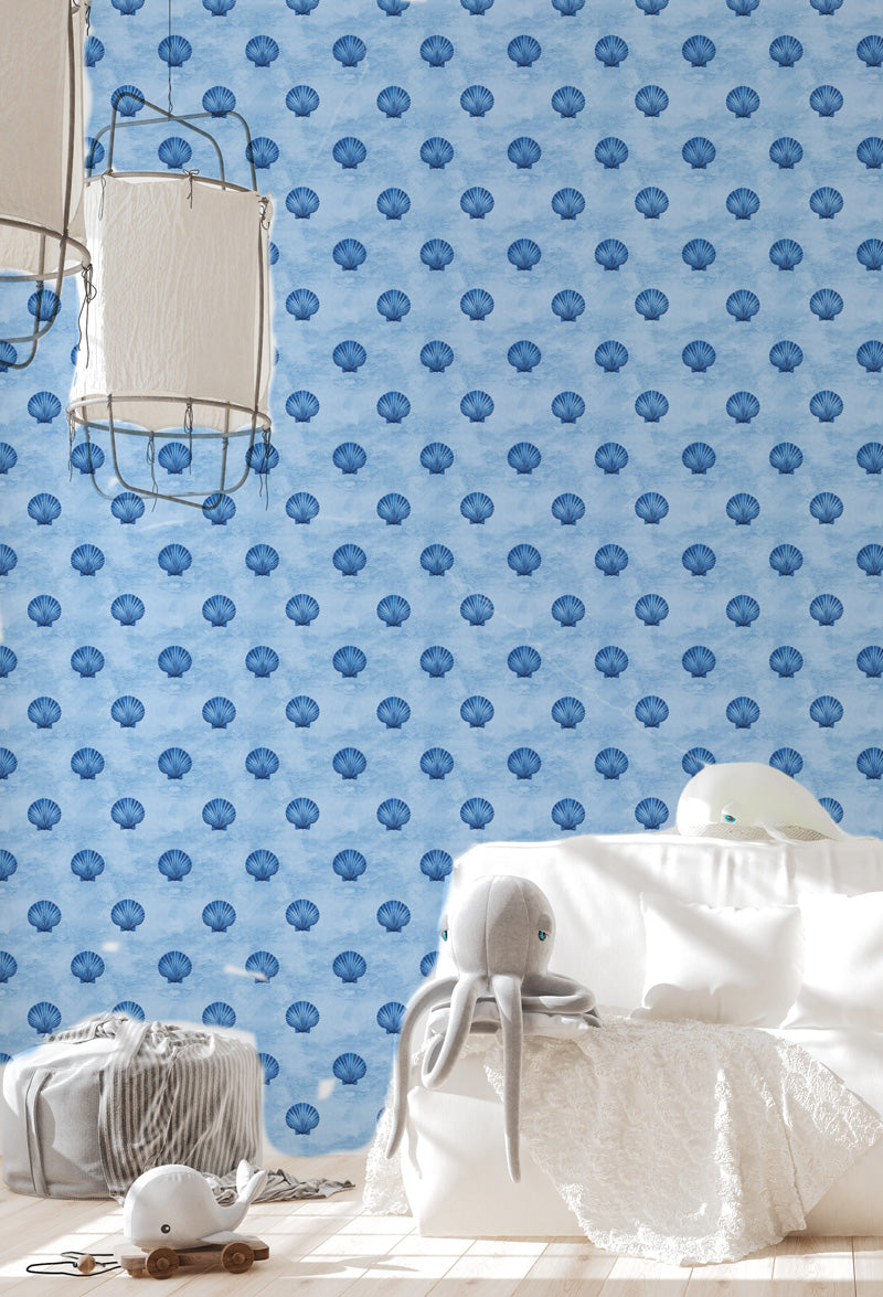 Coastal Shells in Navy & Light Blue Wallpaper