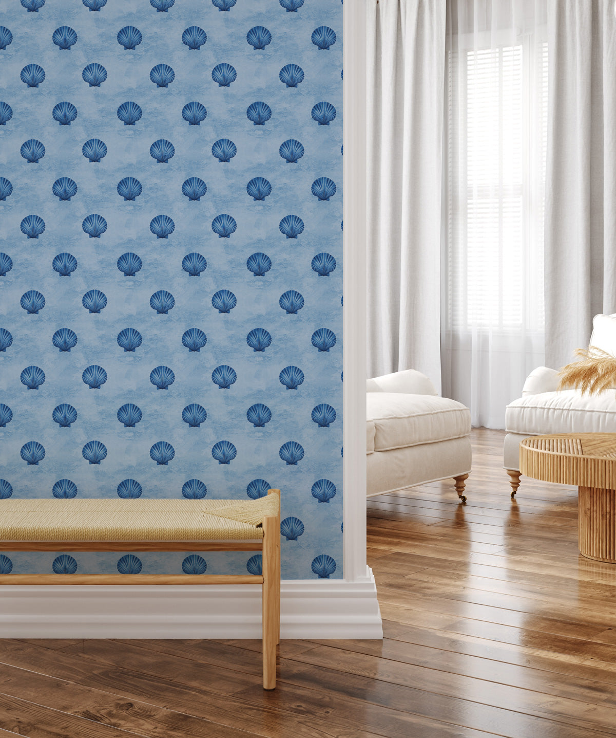 Coastal Shells in Navy & Light Blue Wallpaper from Olive et Oriel where you can shop wallpaper and artworks online