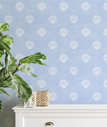 Coastal Shells in White & Light Blue Wallpaper from Olive et Oriel where you can shop wallpaper and artworks online