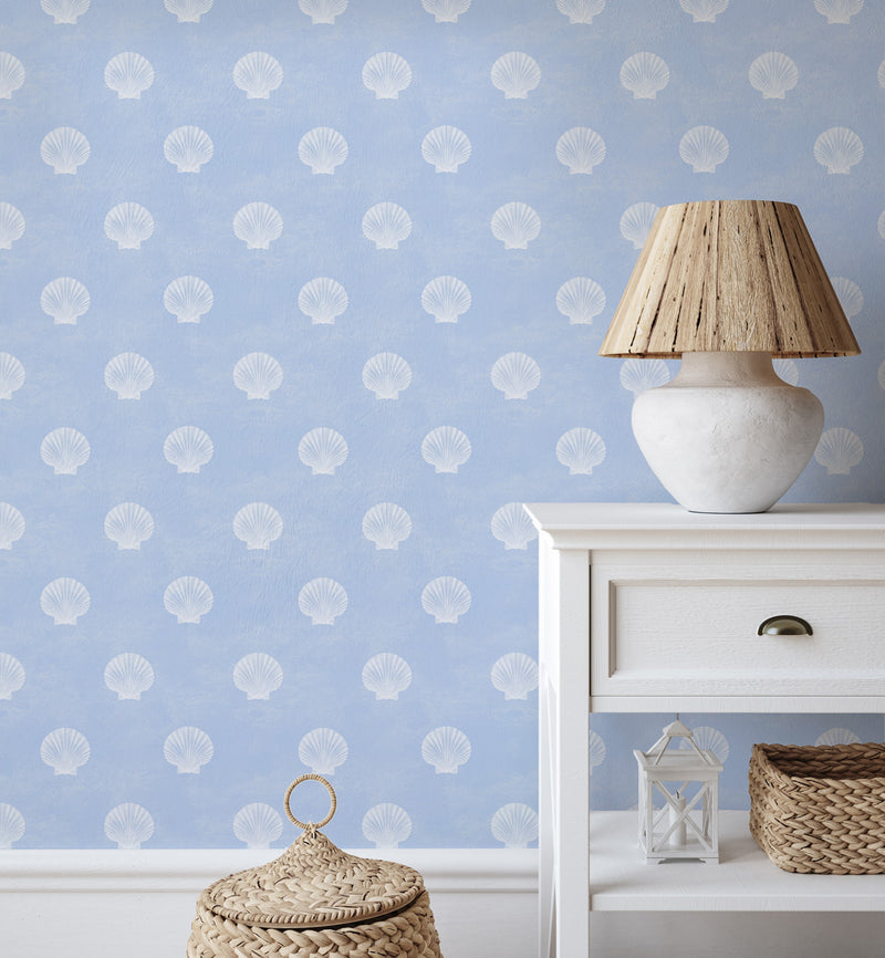 Coastal Shells in White & Light Blue Wallpaper from Olive et Oriel where you can shop wallpaper and artworks online