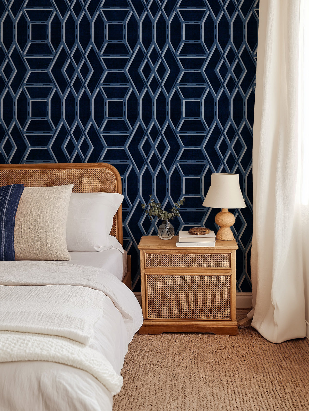 Coastal Lattice in Navy Blue Wallpaper from Olive et Oriel where you can shop wallpaper and artworks online