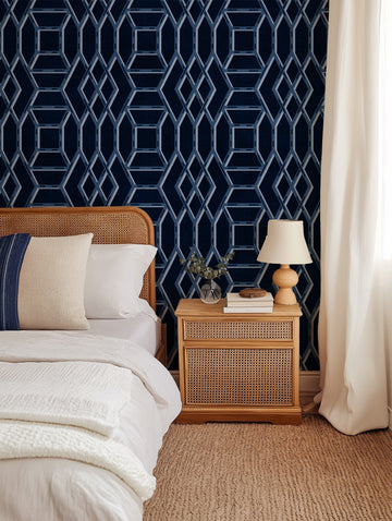 Coastal Lattice in Navy Blue Wallpaper from Olive et Oriel where you can shop wallpaper and artworks online