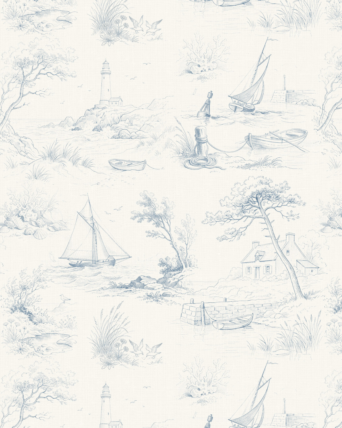 Coastal Light House Toile de Jouy Wallpaper