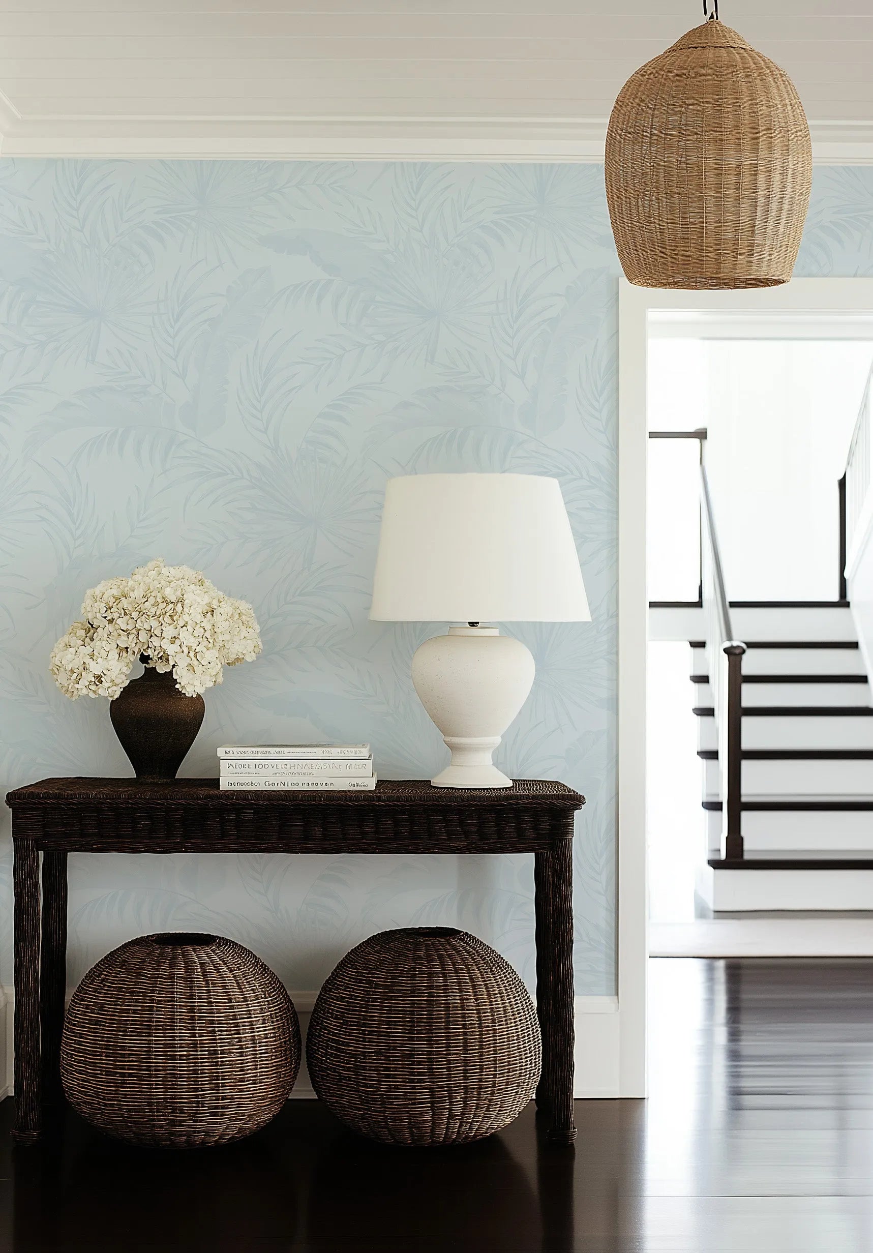 Coastal Luxe Palms Wallpaper | Duck Egg Blue from Olive et Oriel where you can shop wallpaper and artworks online