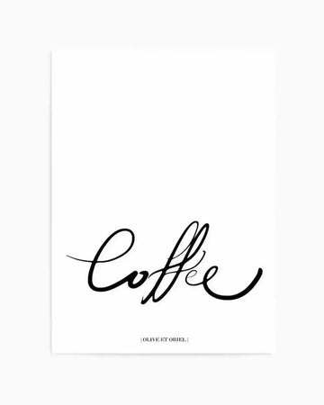 Minimalist art print featuring the word "Coffee" written in flowing, connected black script handwriting against a white background. The elegant cursive lettering spans the center of the composition with generous white space above and below. At the bottom in small capital letters appears a designer credit. The print has a clean, modern aesthetic with high contrast between the black ink and off-white paper stock.