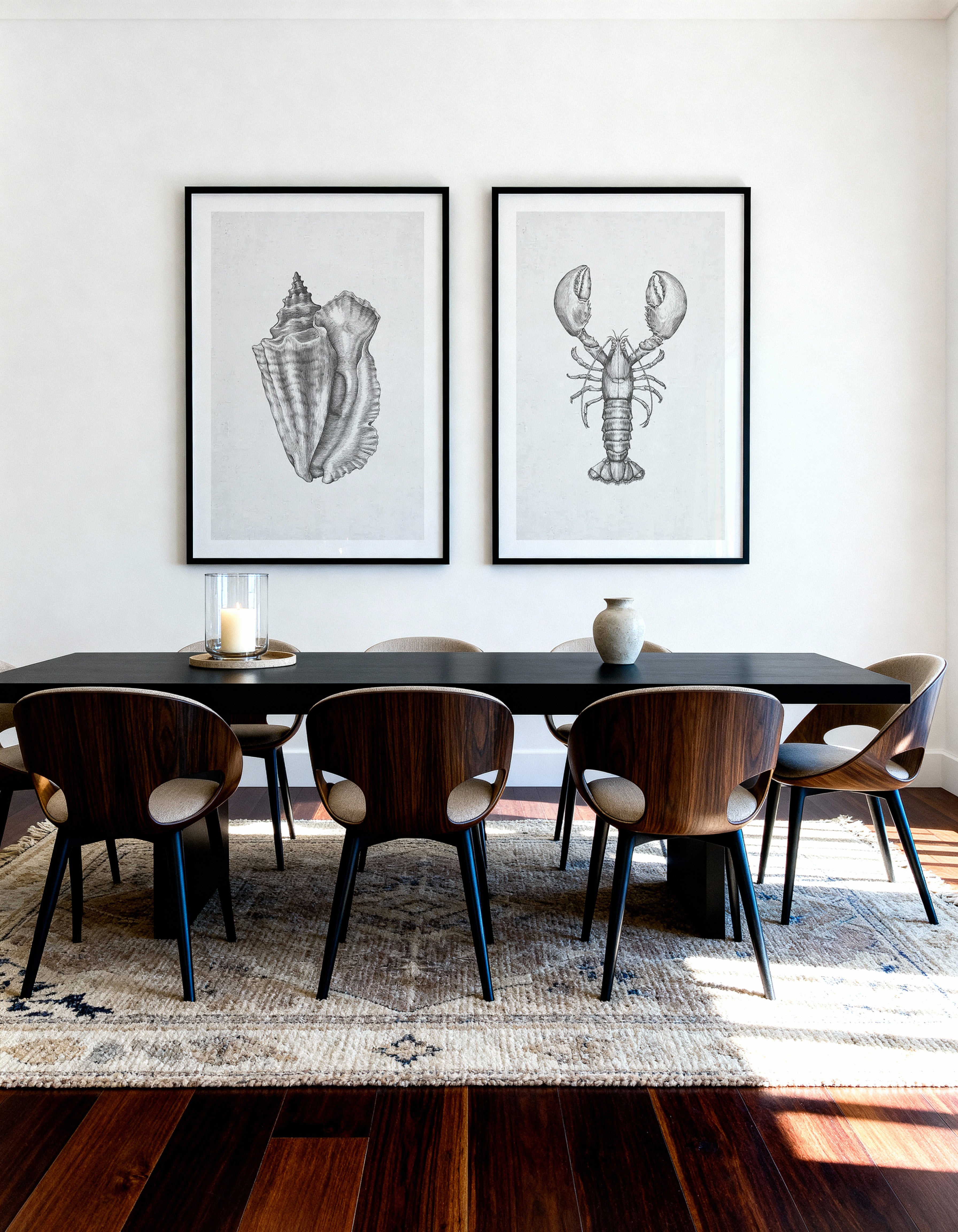 Conch Shell & Lobster on Linen Art Print Set of 2 | Matching Wall Art