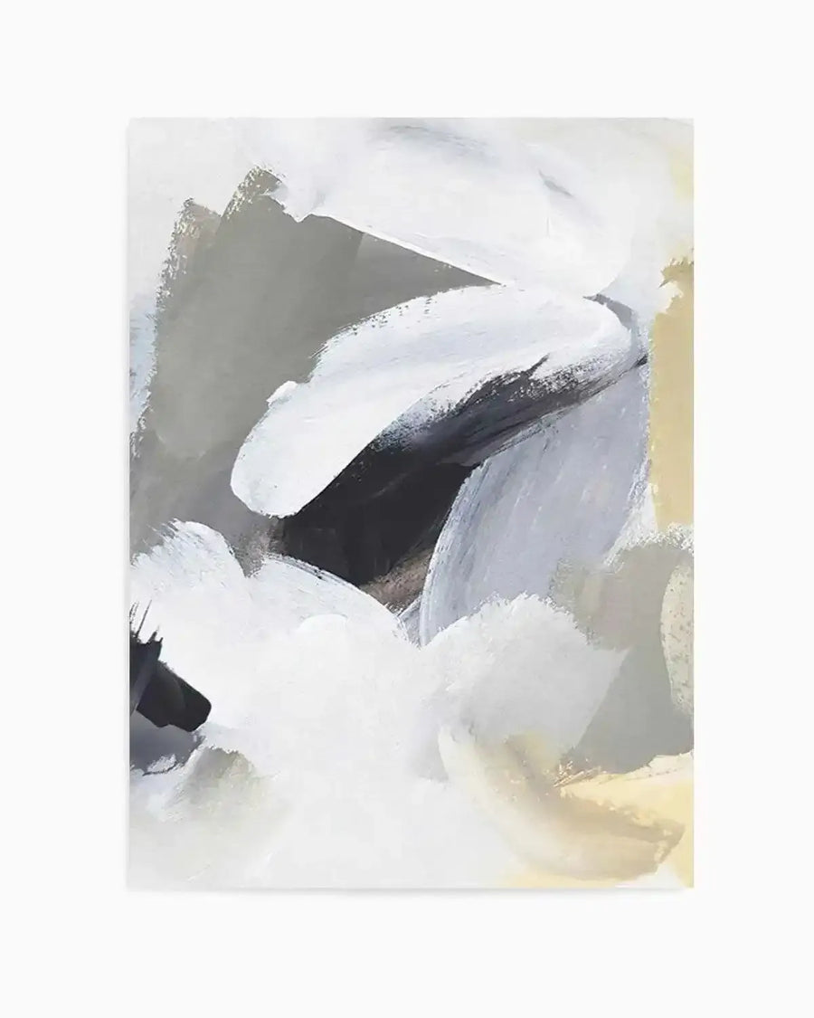 Abstract art print featuring bold, expressive brushstrokes in shades of white, black, grey, and pale yellow, creating a dynamic and layered composition with visible paint texture. Printed on fine art paper with a matte finish.