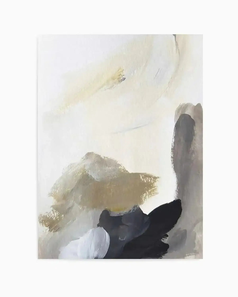 Contemporary art print featuring abstract brushstrokes in cream, soft yellow, warm tan, and charcoal gray tones. The composition shows gestural paint marks and layered strokes creating a minimalist, contemplative mood. Dark navy and black brushwork anchors the lower right, while pale cream and golden hues dominate the upper and left portions. The piece has visible texture suggesting acrylic or mixed media paint application. Unframed print displayed against a white background.