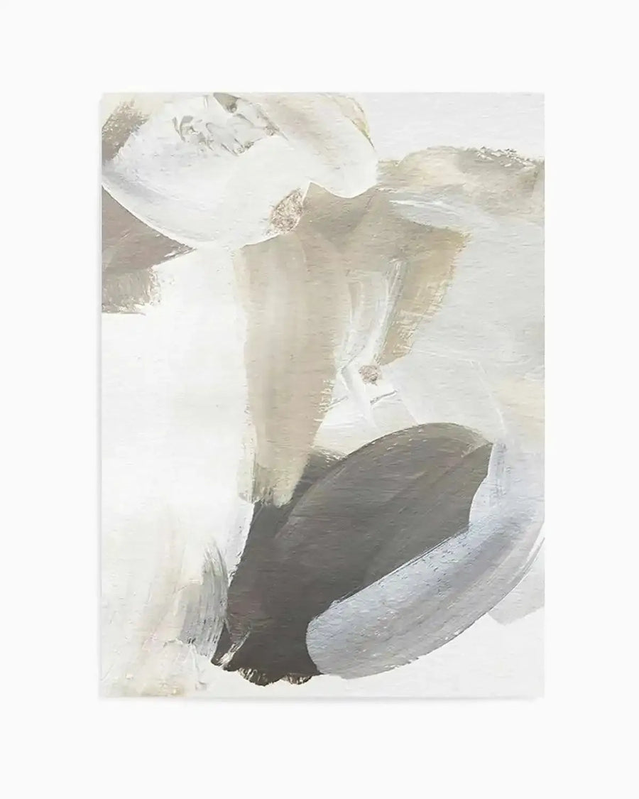 Abstract art print featuring broad, sweeping brushstrokes in shades of warm white, beige, taupe, and deep charcoal grey, creating a dynamic and layered composition with visible paint texture.