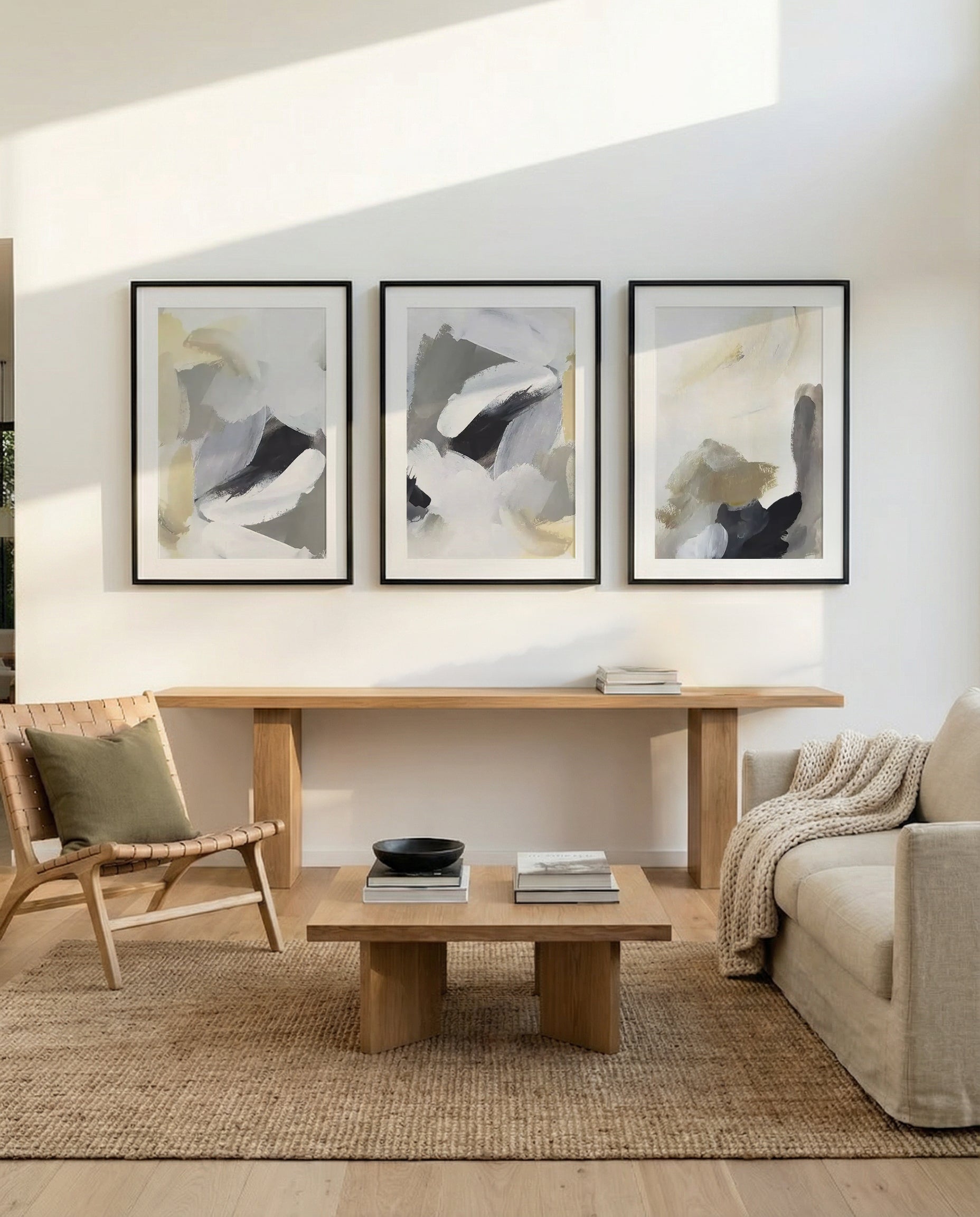 Contemporary Art I, II & III | 3 Piece Wall Art Set in Grey and White abstract art print oak frame with white border