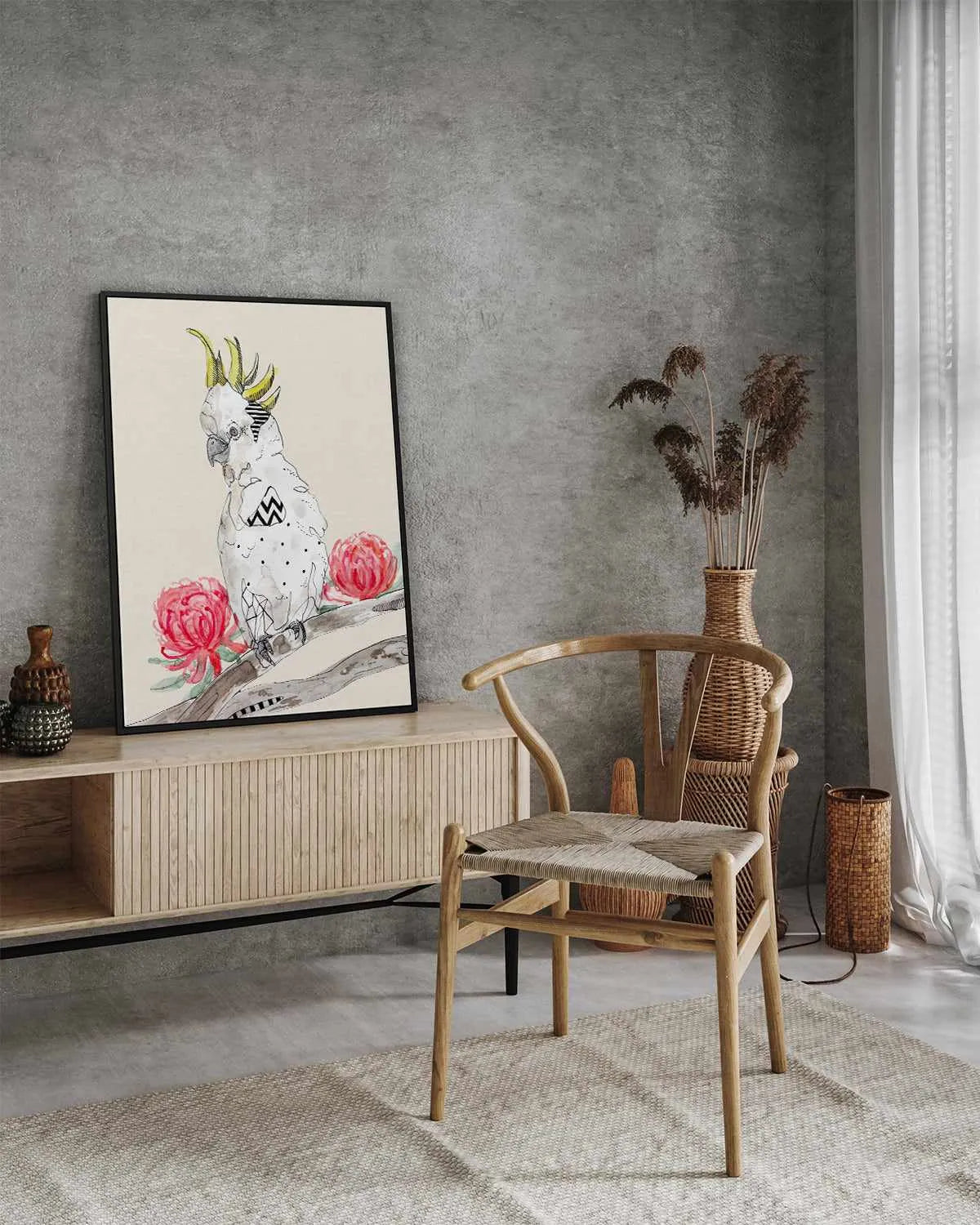 Cool Cockatoo Beige by Maku Fenaroli | Framed Canvas Art Print from Olive et Oriel where you can shop wallpaper and artworks online