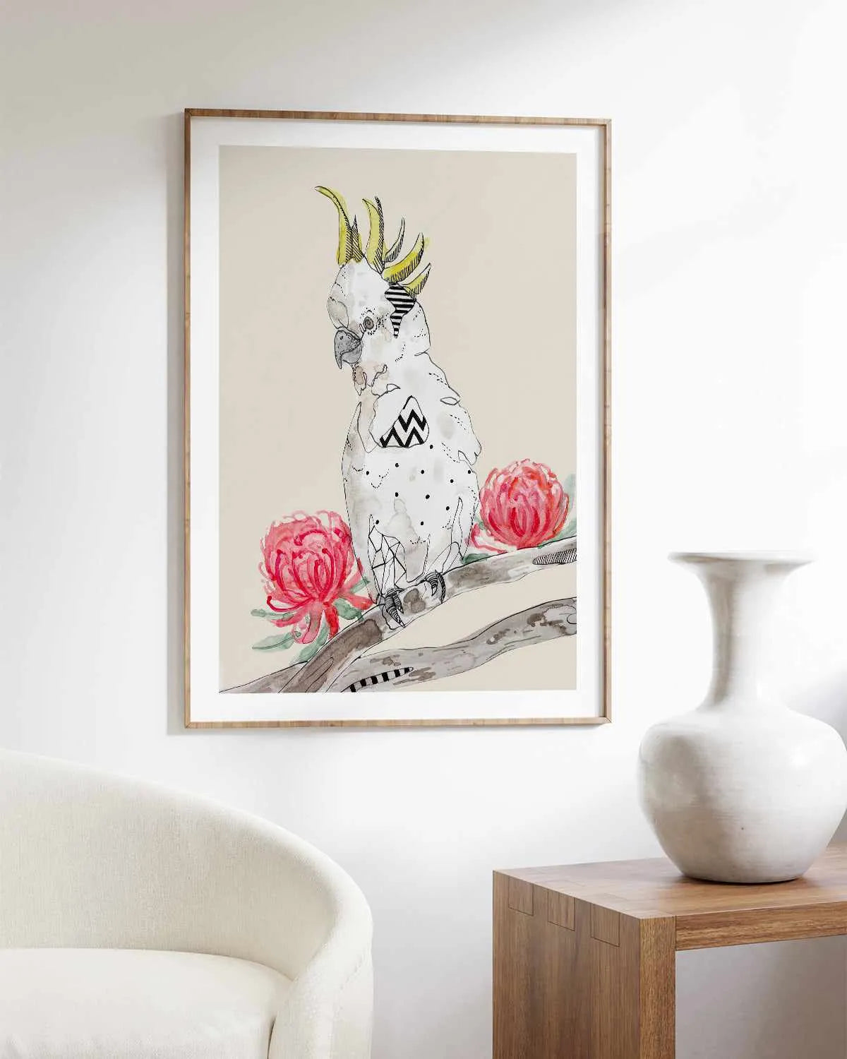 Cool Cockatoo Beige by Maku Fenaroli | Art Print from Olive et Oriel where you can shop wallpaper and artworks online