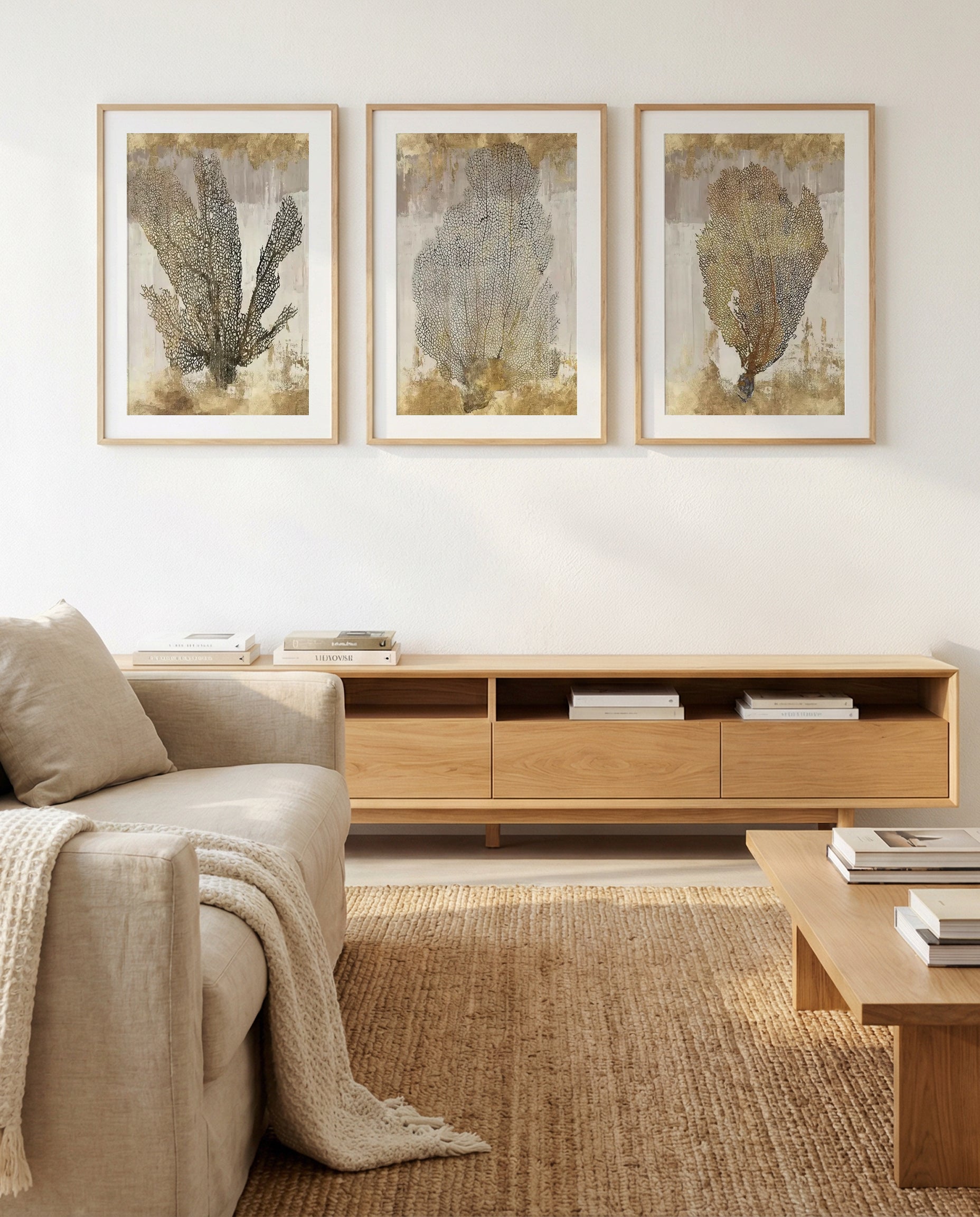 Coral Splendour I, II & III | 3 Piece Wall Art Set in Black and Gold abstract art print oak frame with white border