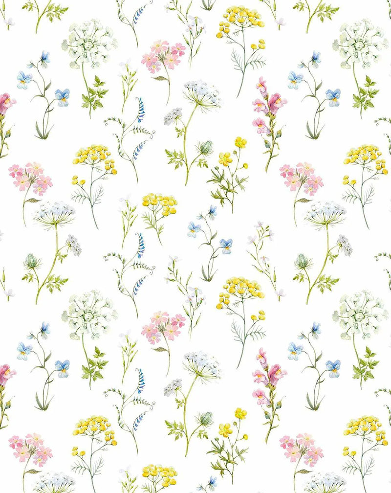 Peel and stick wallpaper featuring a repeating pattern of hand-painted country garden flowers in a watercolour style on a white background. The design includes various wildflowers such as white Queen Anne's Lace, yellow tansy, pink snapdragons, blue pansies, and small white and blue bell-shaped flowers, all with visible brushstroke texture.