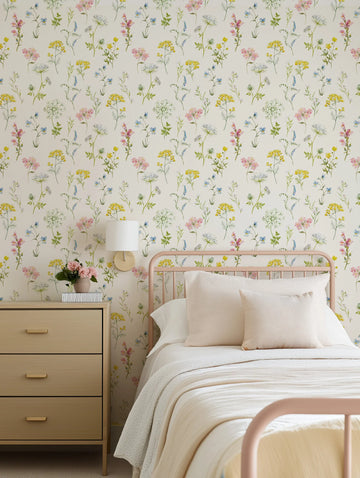 "Country Garden Flowers wallpaper featuring a repeating pattern of hand-painted wildflowers in soft pink, yellow, blue, and white on a cream background, with visible watercolour brushstroke texture. The wallpaper is displayed in a bedroom behind a pink metal bed frame with cream bedding and pillows, a light wood dresser, and a cream wall sconce."