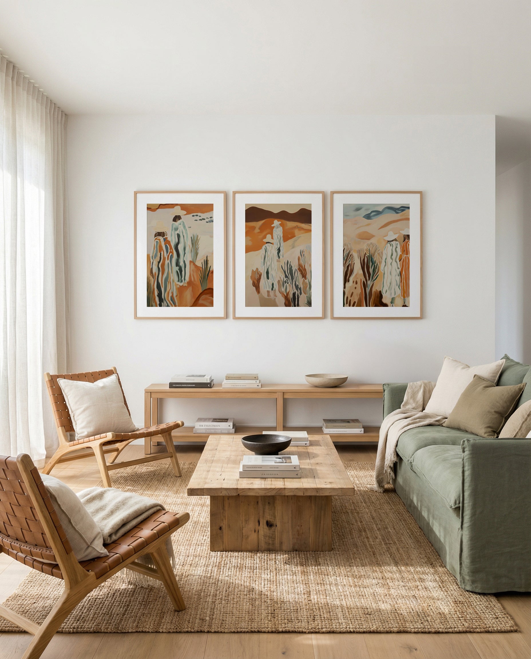 Country Girl I, II & III | 3 Piece Wall Art Set in Brown and Orange art print oak frame with white border