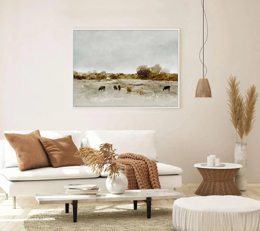 Cows by the Sea by Dan Hobday | Framed Canvas-CANVAS-You can shop wall art online with Olive et Oriel for everything from abstract art to fun kids wall art. Our beautiful modern art prints and canvas art are available from large canvas prints to wall art paintings and our proudly Australian artwork collection offers only the highest quality framed large wall art and canvas art Australia - You can buy fashion photography prints or Hampton print posters and paintings on canvas from Olive et Oriel 