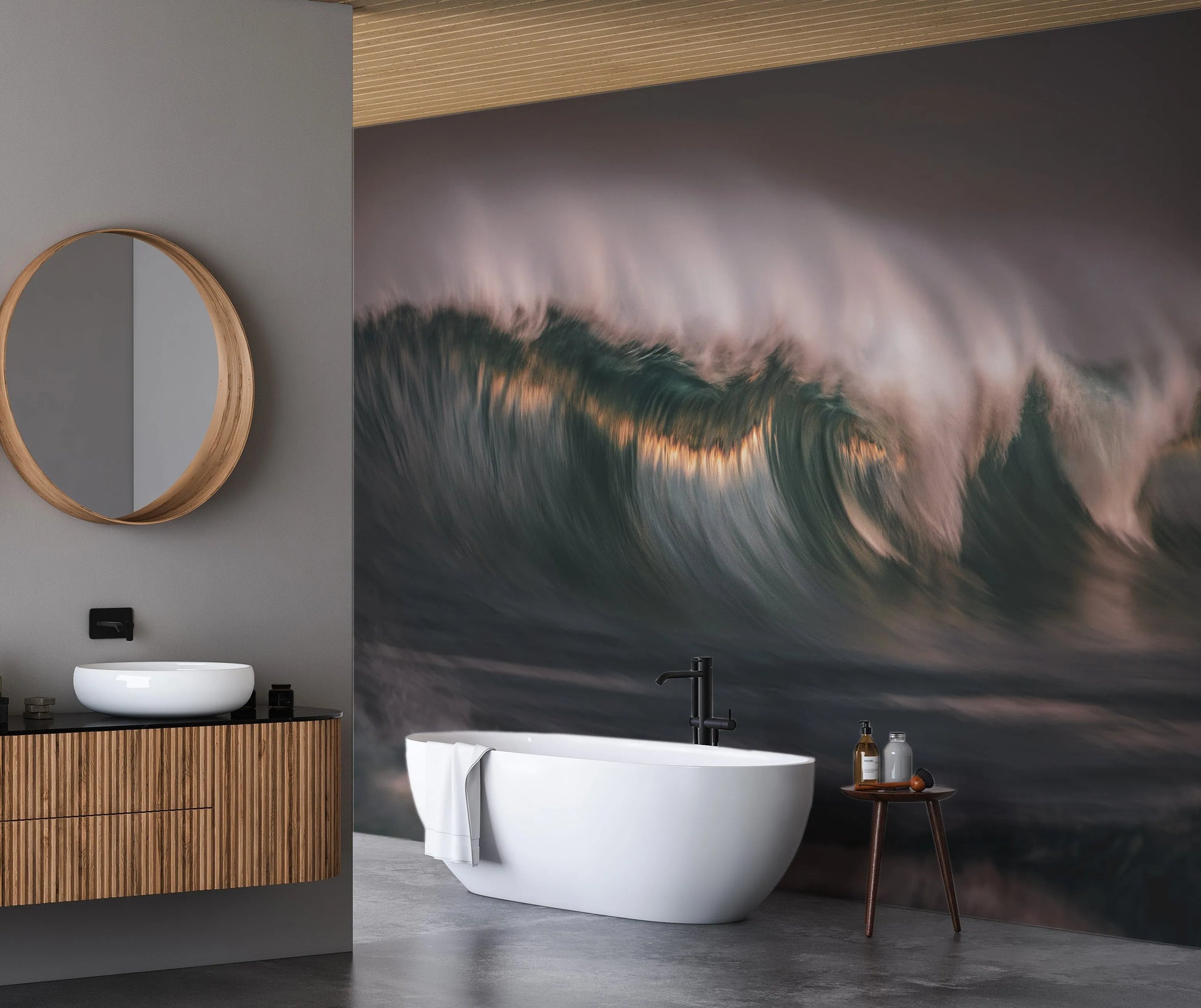 Crashing Wave at Sunset Photo Mural Wallpaper from Olive et Oriel where you can shop wallpaper and artworks online