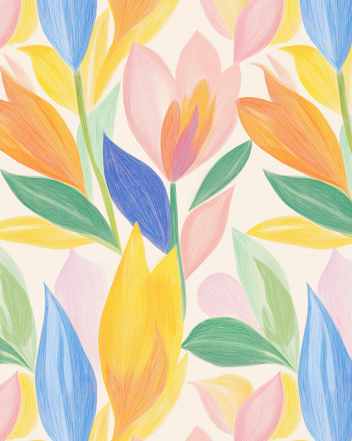 Crayon Florals in Blue & Orange Commercial Vinyl Wallpaper