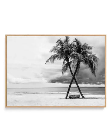 Black and white framed canvas art print featuring two palm trees with intertwined trunks standing on a sandy beach. The palms have full, drooping fronds and are anchored by a large rock at their base. The composition shows a calm ocean horizon and dramatic cloudy sky in the background. The photograph has a serene, minimalist aesthetic with high contrast black and white tones. The canvas is mounted in a natural wood frame with a white border.