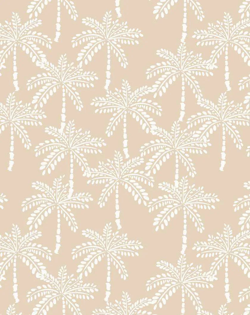 Peel and stick wallpaper featuring a repeating pattern of hand-drawn palm trees in a light cream colour on a soft, warm biscuit beige background. The design has a simple, illustrative quality with visible texture in the trunks and fronds.