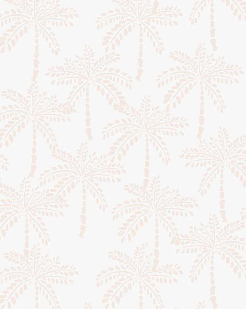 Peel and stick wallpaper featuring a repeating pattern of hand-drawn palm trees in a soft, muted sand or beige colour on a clean white background. The design has a subtle, organic texture, giving the impression of a block print or linocut.