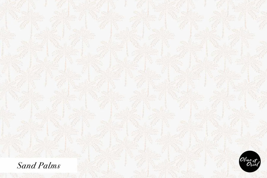 Peel and stick wallpaper featuring a repeating pattern of hand-drawn palm trees in a subtle sand beige against a soft white background. The design has a delicate, almost faded appearance, with visible texture in the palm fronds and trunks.