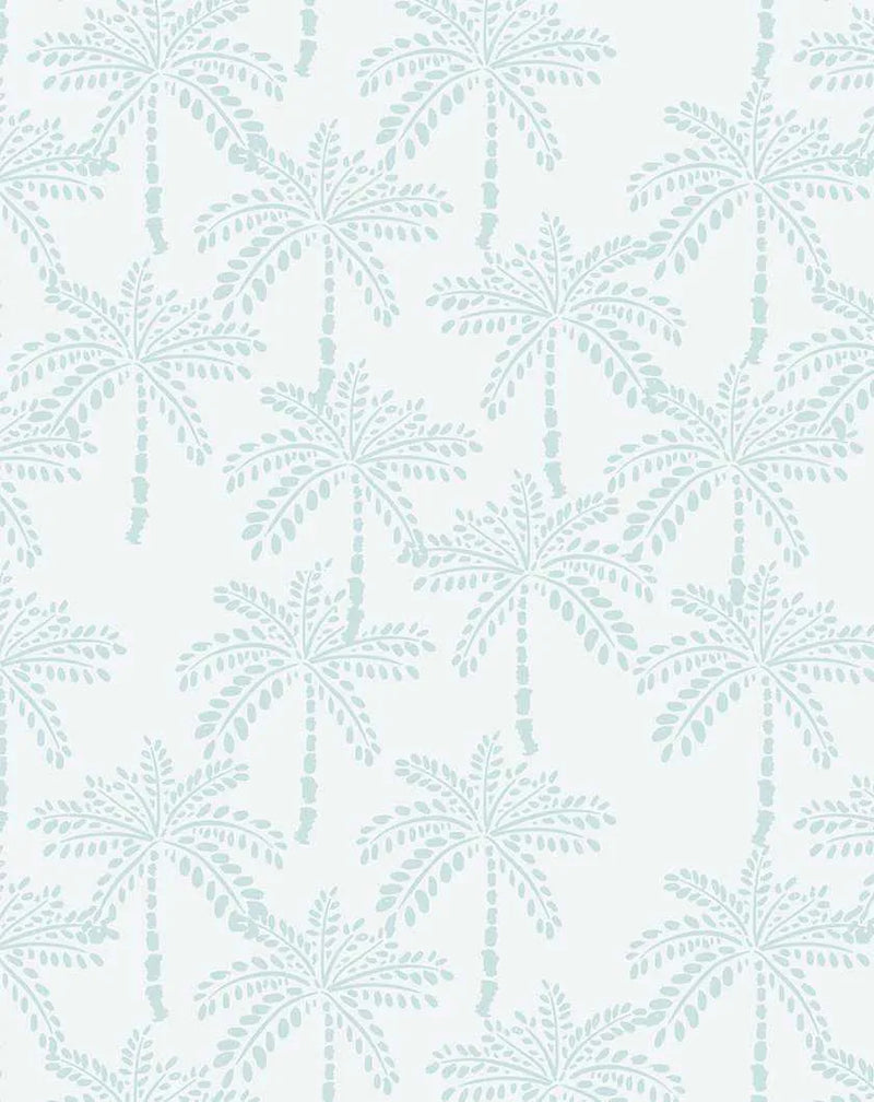 Cruisey Palms in Sky Blue wallpaper featuring a repeating pattern of palm trees with delicate, feathery fronds in soft sage blue and pale seafoam green tones on a cream white background. The palm trees are rendered in a lightweight, botanical illustration style with detailed leaf work. The design has a calm, tropical aesthetic with vertical palm trunks evenly distributed across the surface.