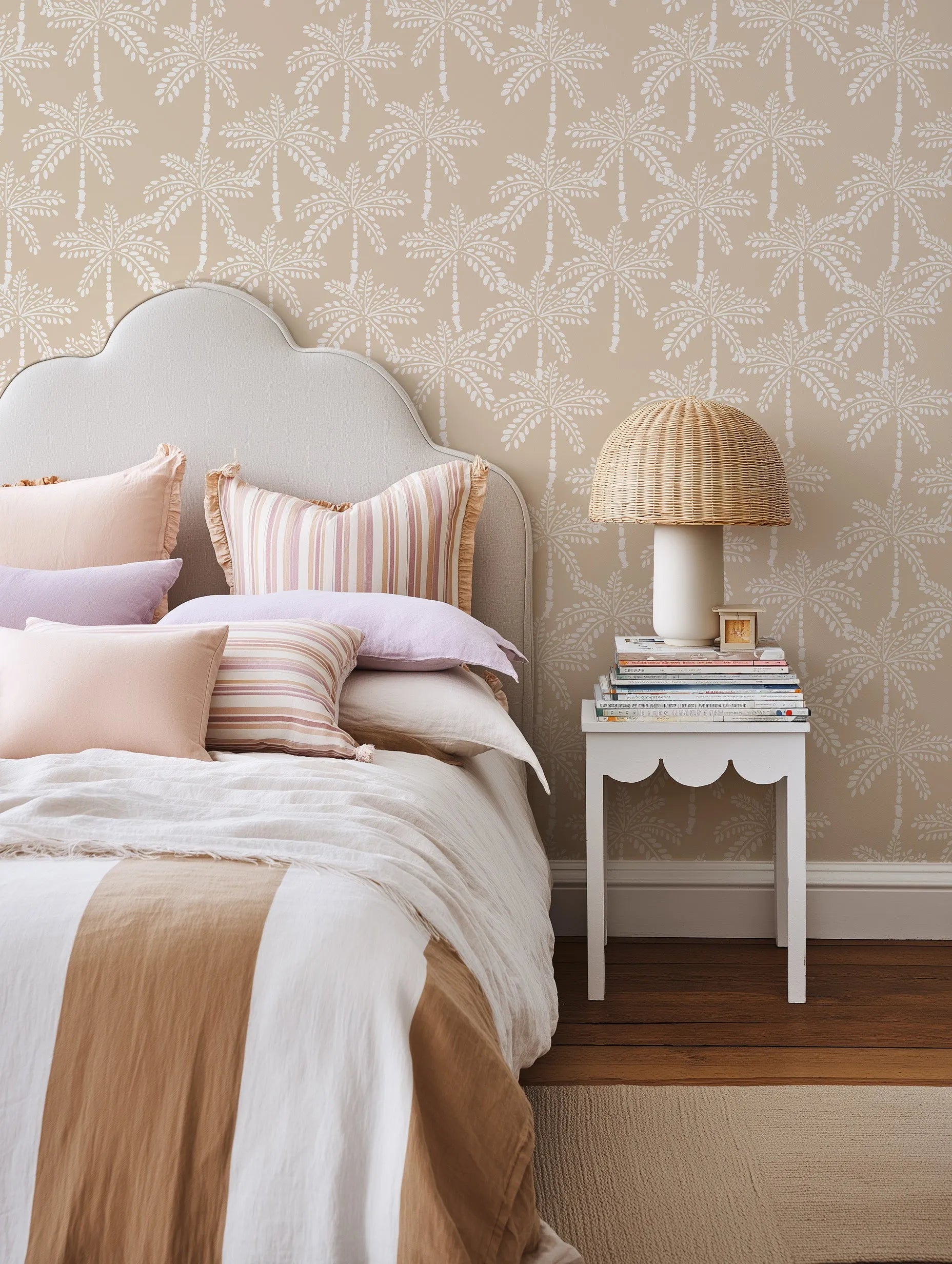 Cruisey Palms in Biscuit Wallpaper from Olive et Oriel where you can shop wallpaper and artworks online