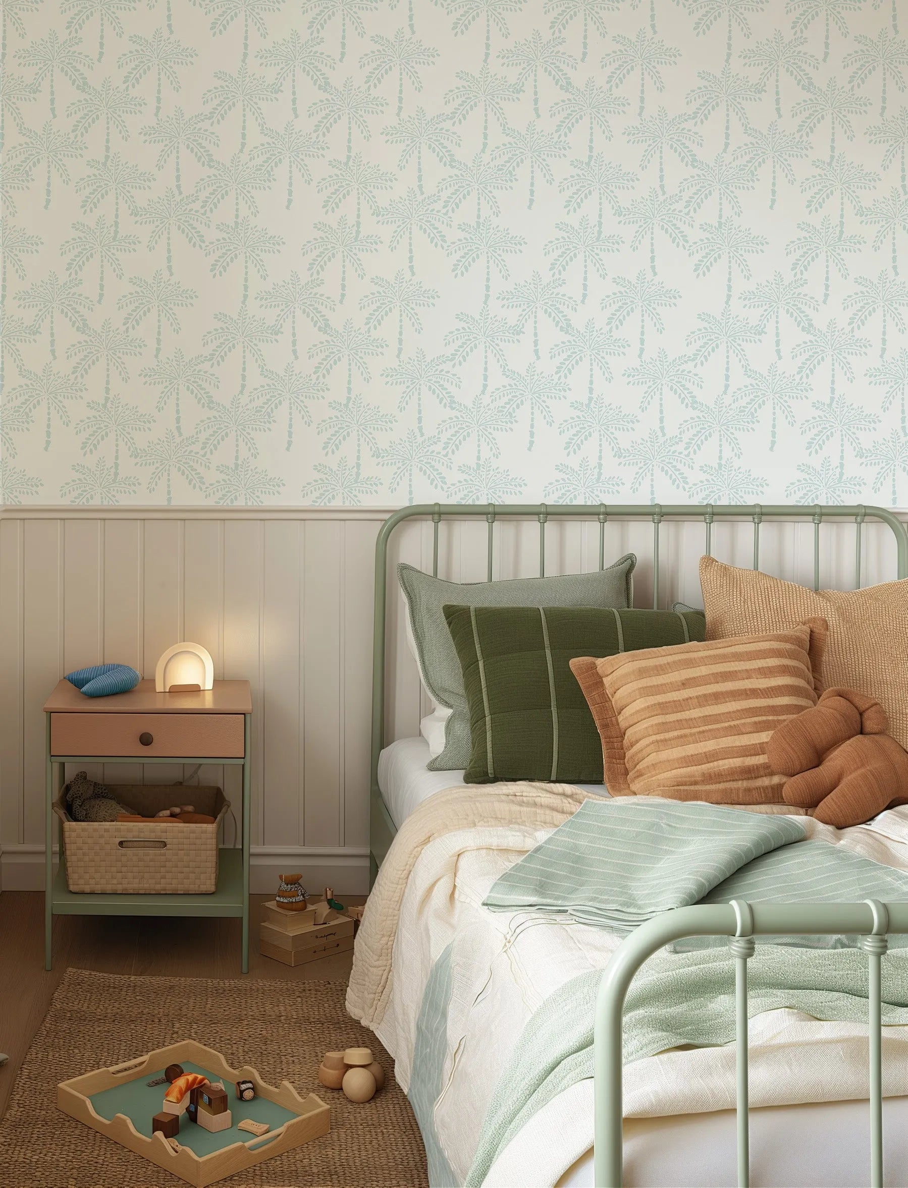 Cruisey Palms in Sky Blue Wallpaper from Olive et Oriel where you can shop wallpaper and artworks online