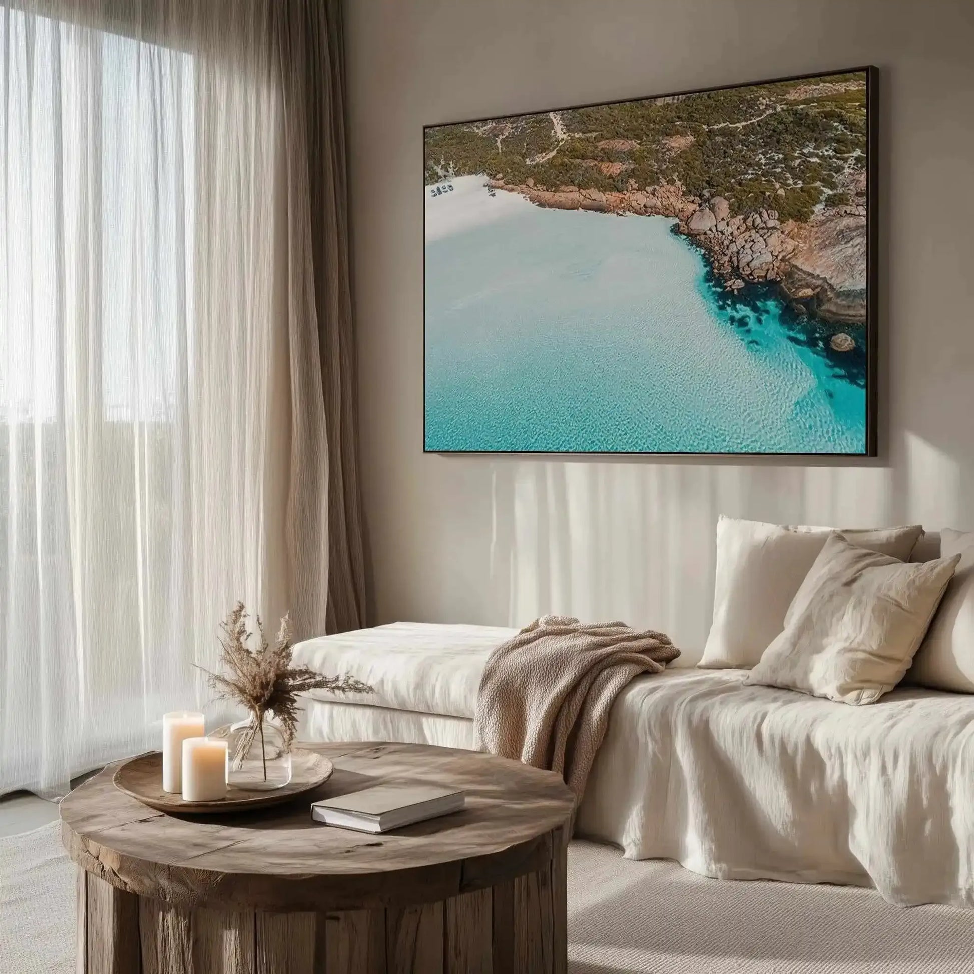 Crystal Waters Wharton Beach | Aerial Photo Wall Framed Canvas Art Print from Olive et Oriel where you can shop wallpaper and artworks online