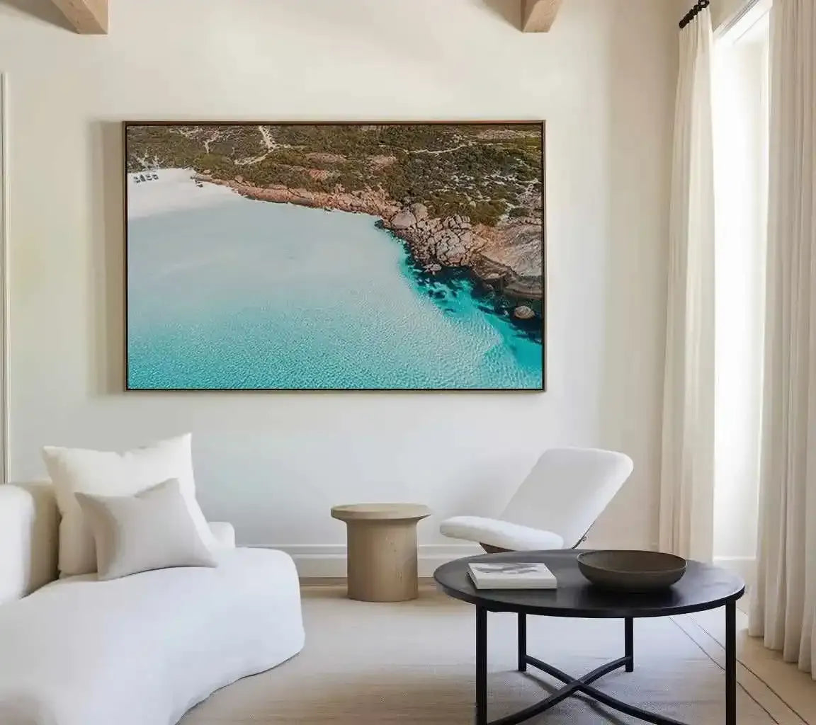 Crystal Waters Wharton Beach | Aerial Photo Wall Framed Canvas Art Print from Olive et Oriel where you can shop wallpaper and artworks online