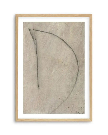 Curved dark arc line art print with white border in oak frame, product shot on white background