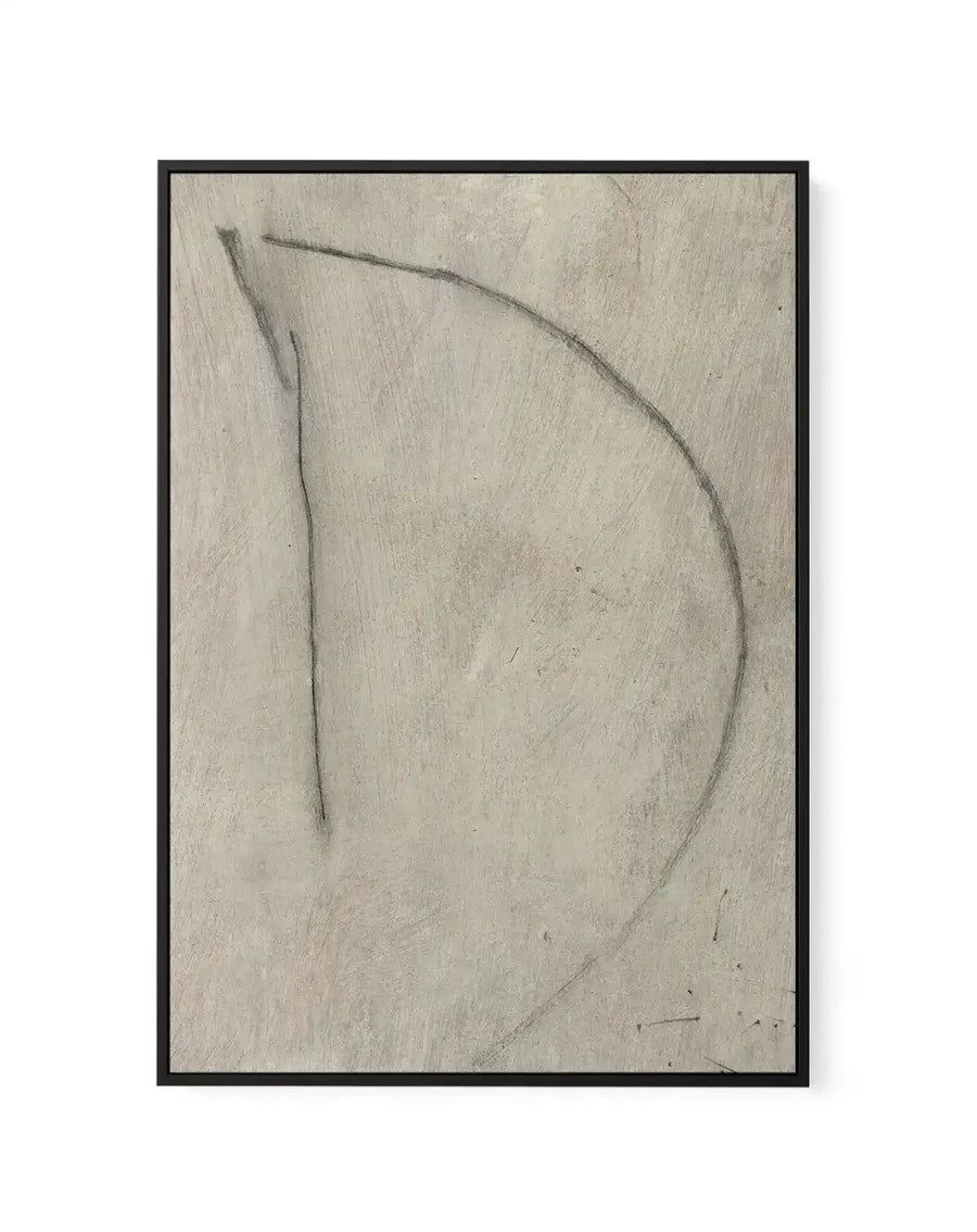 Abstract curved line canvas in black frame, textured beige background, product shot on white