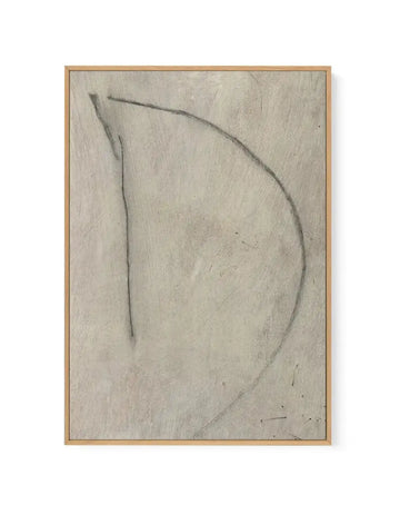 Abstract curved line canvas in oak frame, textured beige background, product shot on white